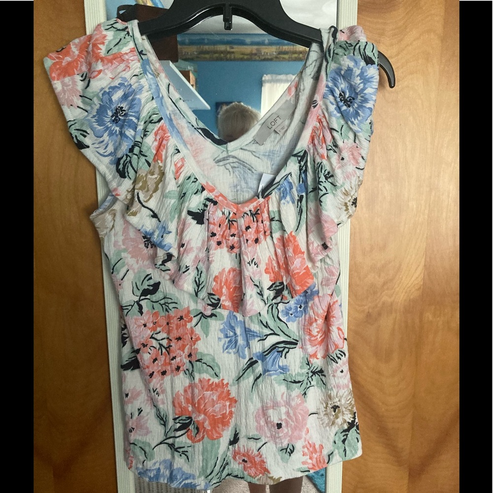 LOFT Floral Ruffle Sleeve Tank Top - Pastel Multicolor